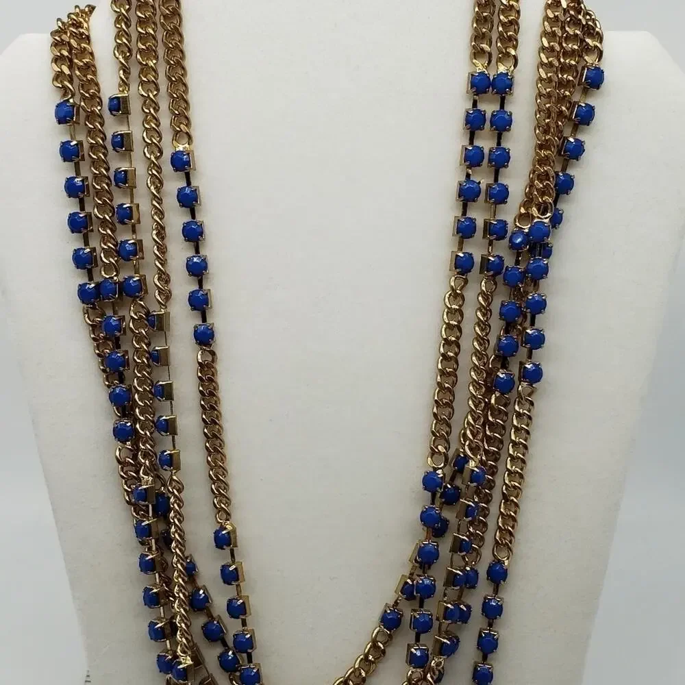 Multilayered Gold Toned Chain with Blue Accent Pieces Necklace Costume